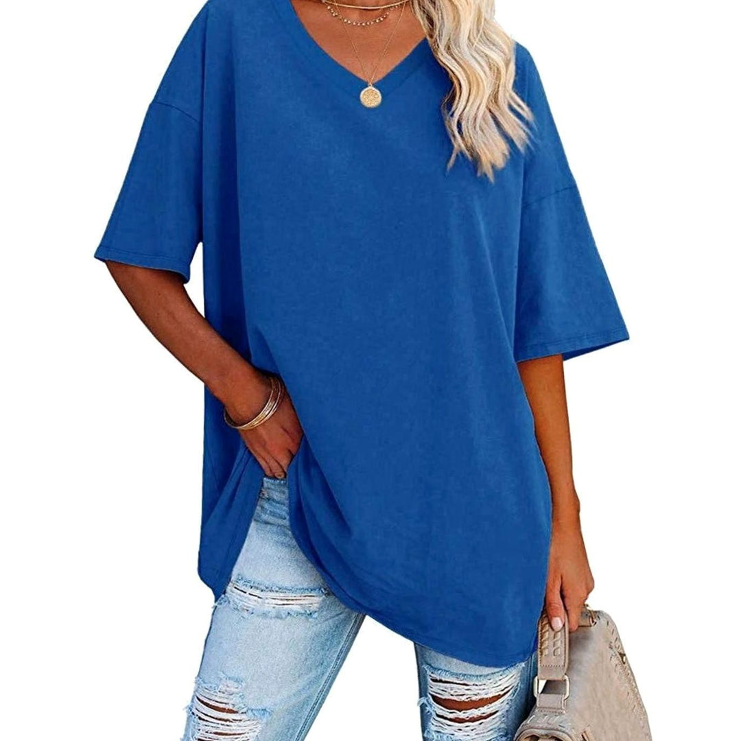 Women's Oversized V-Neck Half-Sleeve Casual T-Shirt - Royal Blue