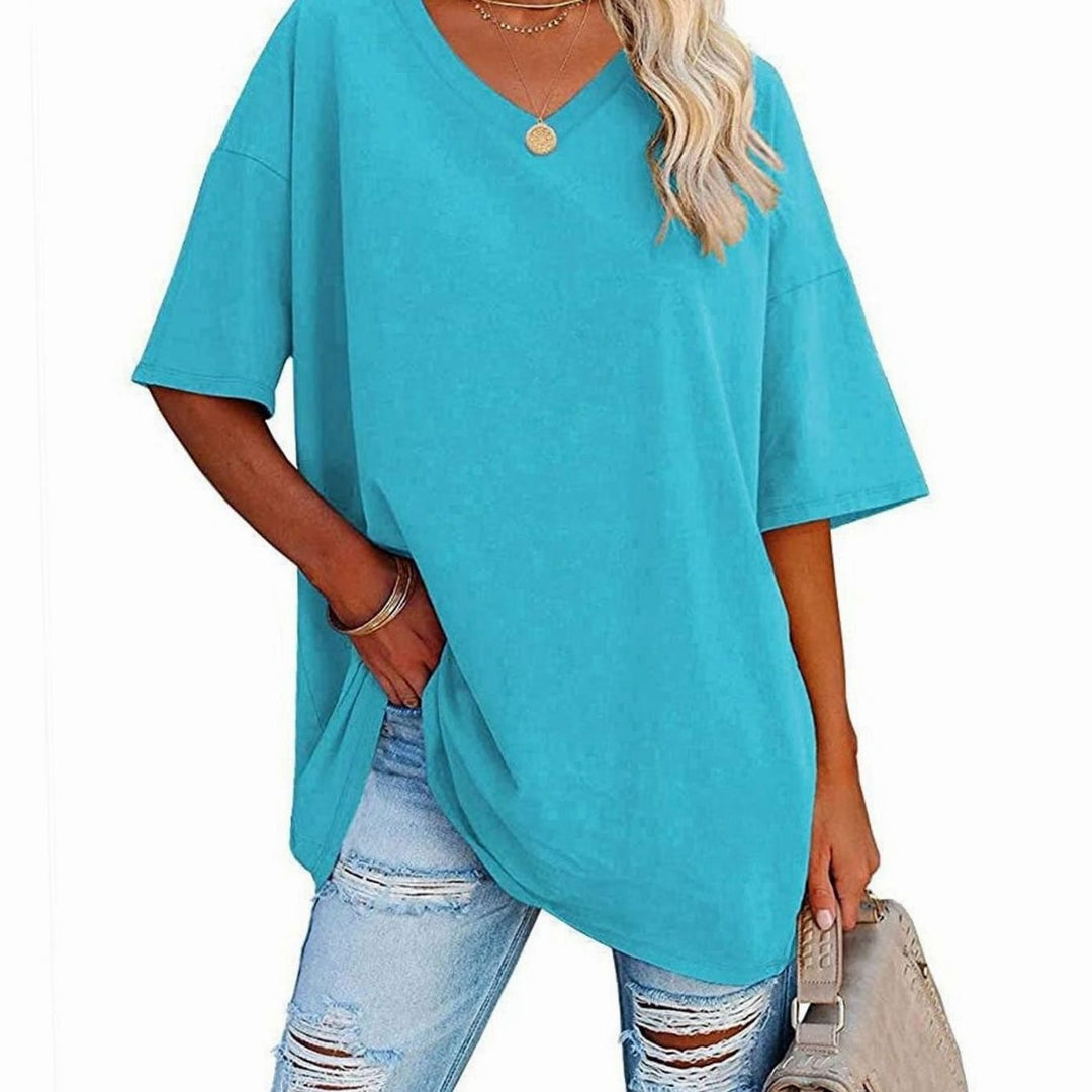Women's Oversized V-Neck Half-Sleeve Casual T-Shirt - Blue