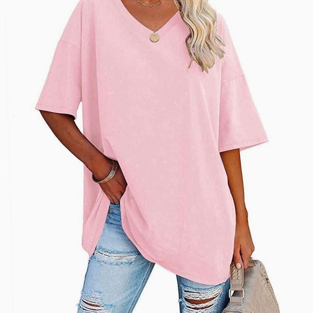Women's Oversized V-Neck Half-Sleeve Casual T-Shirt - Pink
