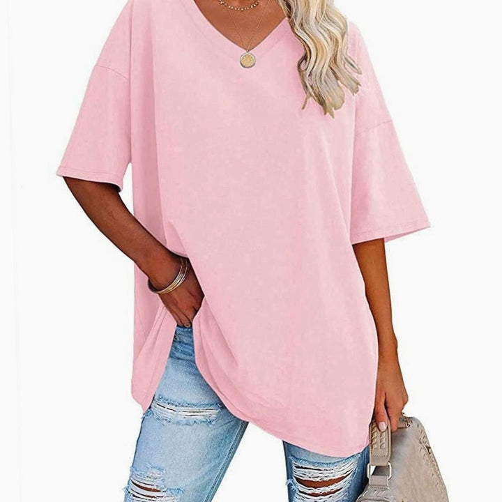 Women's Oversized V-Neck Half-Sleeve Casual T-Shirt - Pink