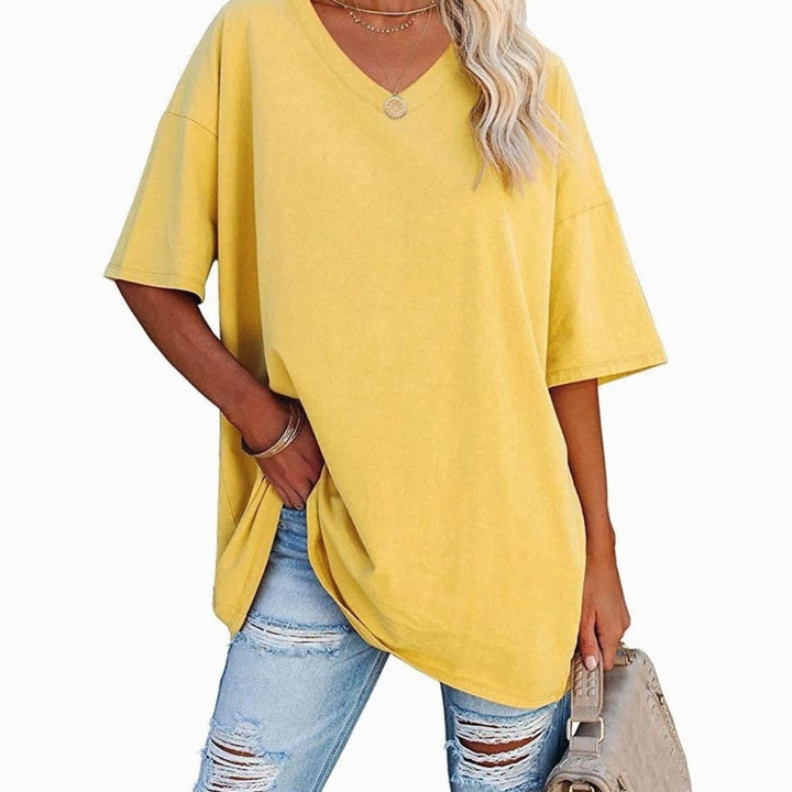 Women's Oversized V-Neck Half-Sleeve Casual T-Shirt - Yellow