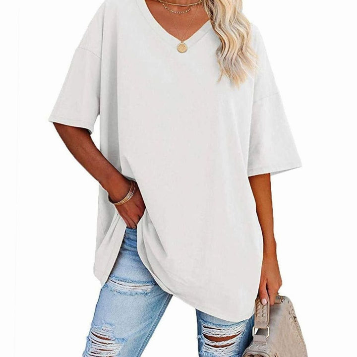 Women's Oversized V-Neck Half-Sleeve Casual T-Shirt - White