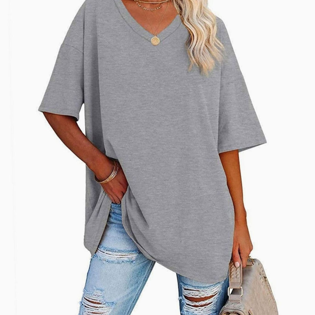 Women's Oversized V-Neck Half-Sleeve Casual T-Shirt - Light Grey