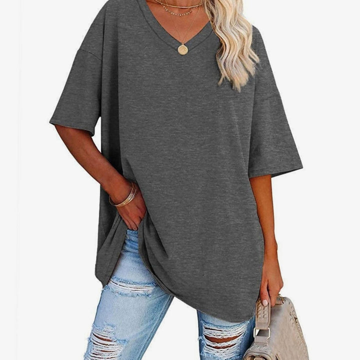 Women's Oversized V-Neck Half-Sleeve Casual T-Shirt - Dark Grey