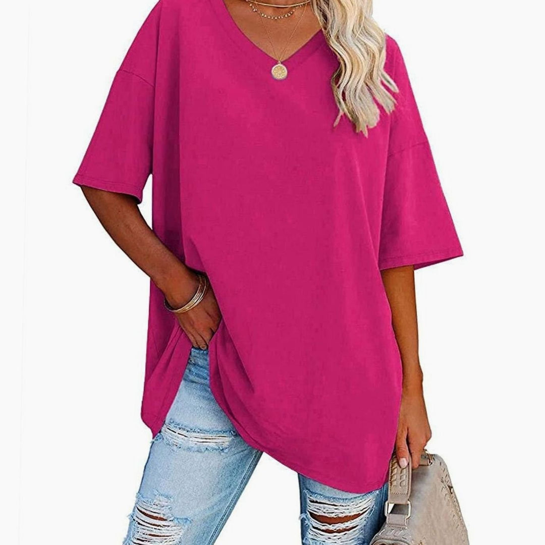 Women's Oversized V-Neck Half-Sleeve Casual T-Shirt, Hot Pink