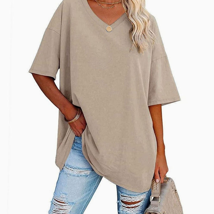 Women's Oversized V-Neck Half-Sleeve Casual T-Shirt, Hot Pink - Beige