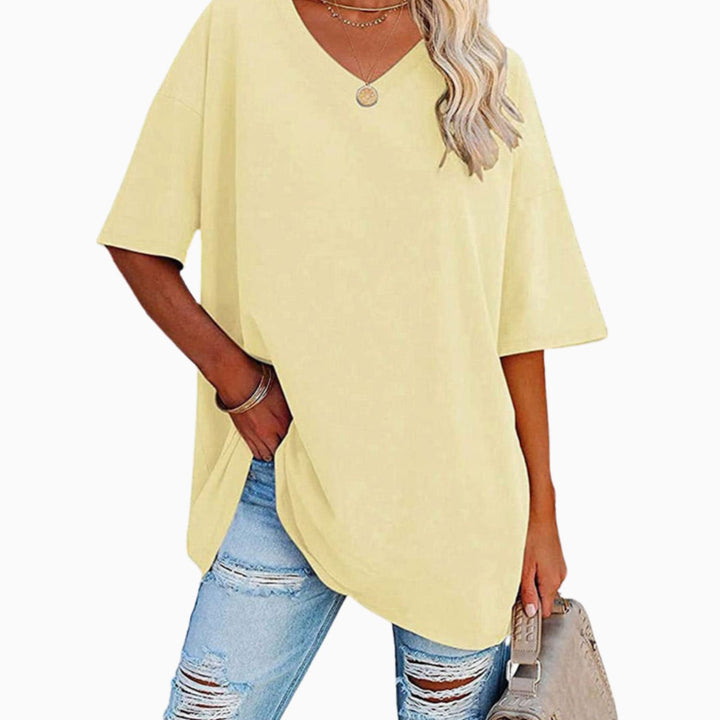 Women's Oversized V-Neck Half-Sleeve Casual T-Shirt, Hot Pink - Light Yellow