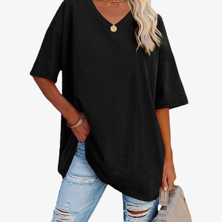 Women's Oversized V-Neck Half-Sleeve Casual T-Shirt, Hot Pink - Black
