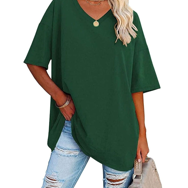 Women's Oversized V-Neck Half-Sleeve Casual T-Shirt, Hot Pink - Green