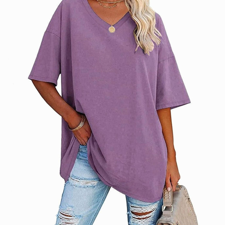Women's Oversized V-Neck Half-Sleeve Casual T-Shirt, Hot Pink - Purple