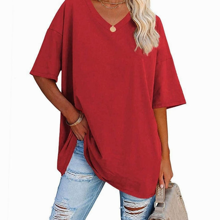 Women's Oversized V-Neck Half-Sleeve Casual T-Shirt, Hot Pink - Red