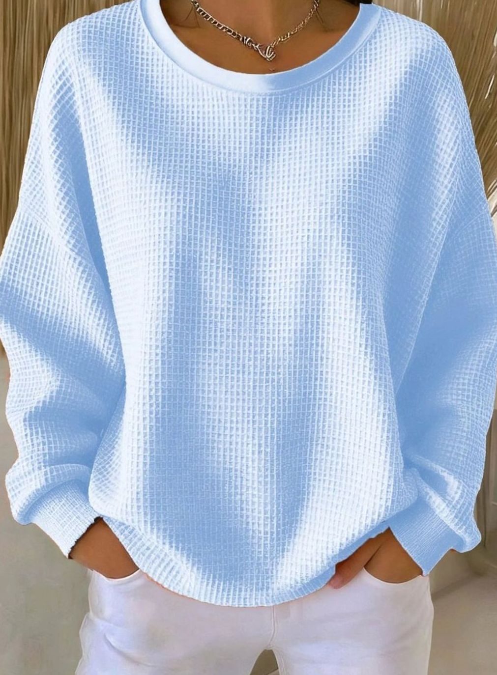 Women's Oversized Waffle-Knit Crew Neck Long-Sleeve Jumper