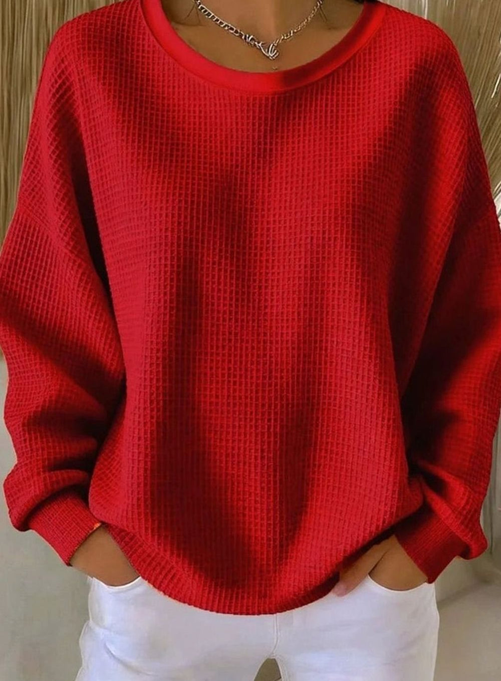 Women's Oversized Waffle-Knit Crew Neck Long-Sleeve Jumper