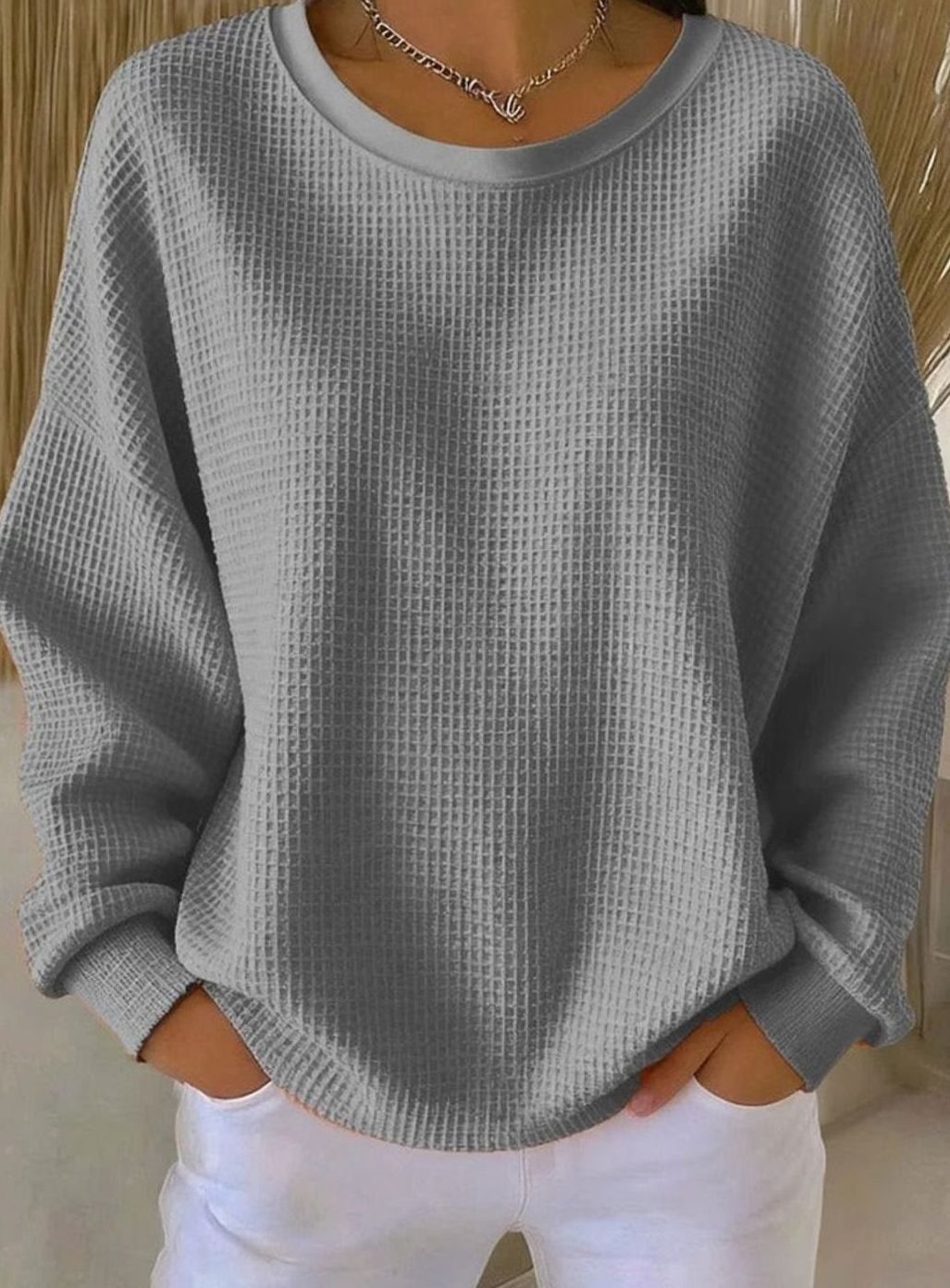 Women's Oversized Waffle-Knit Crew Neck Long-Sleeve Jumper