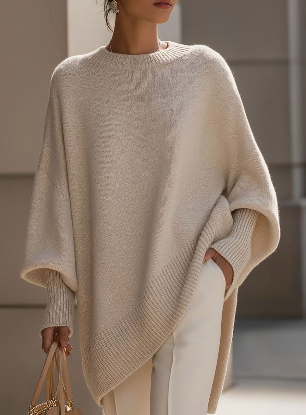 Women's Oversized Wool Blend Asymmetric Hem Knit Jumper - Beige