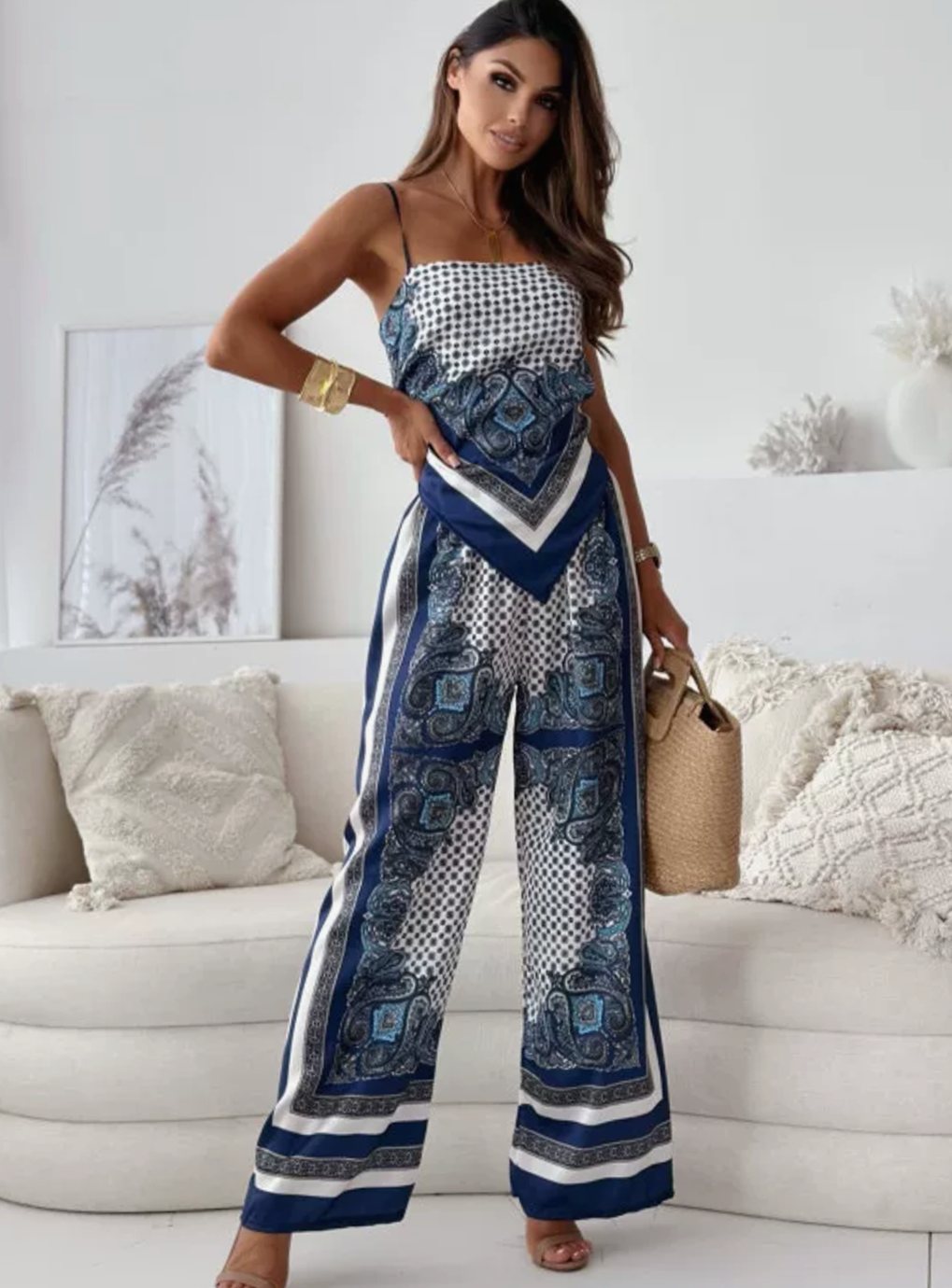 Women's Paisley Print Open-Back Cami Top Wide-Leg Trouser Set - Deep Blue