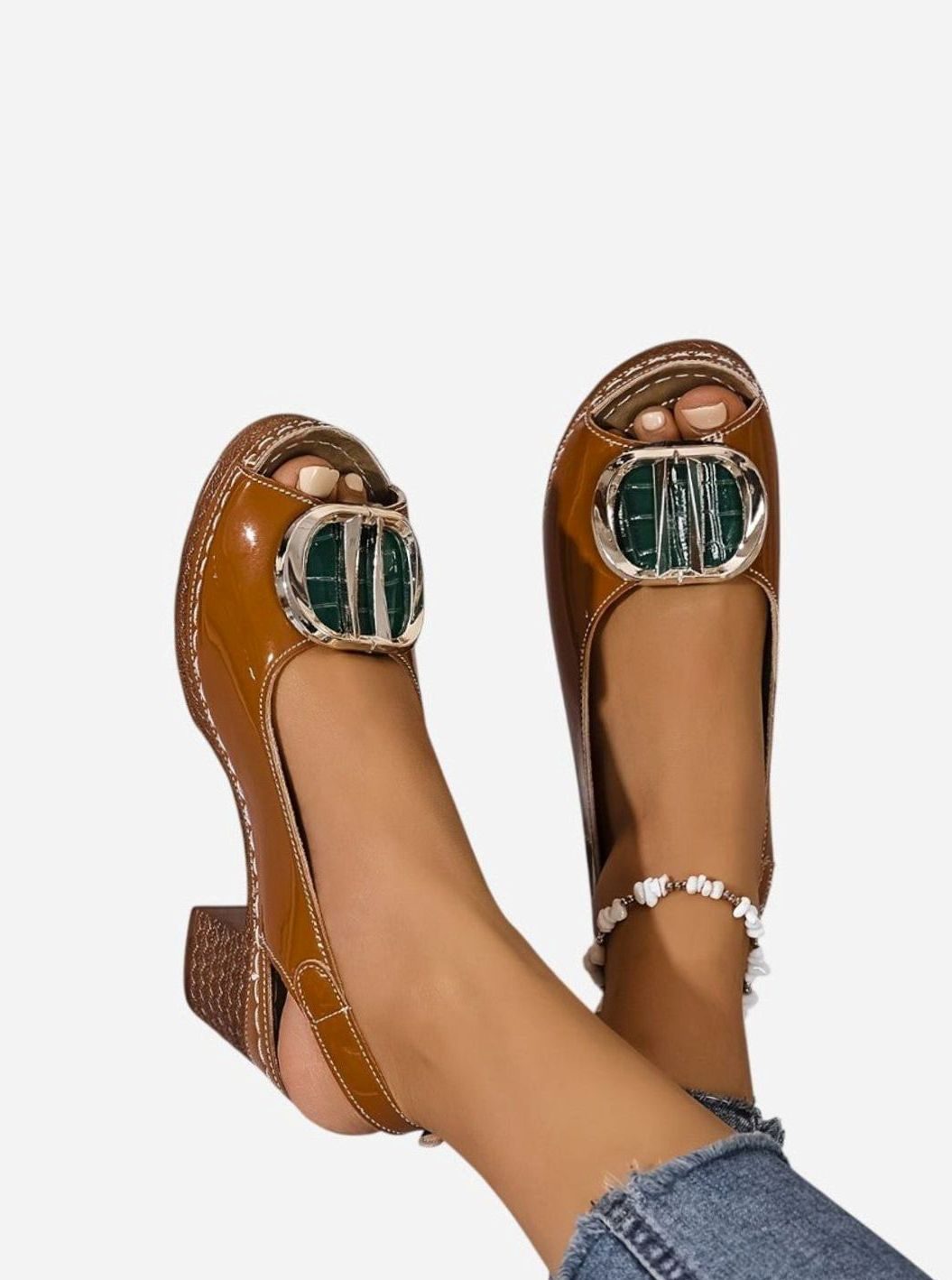 Women's Patent Faux Leather Block Heel Peep Toe Court Shoes