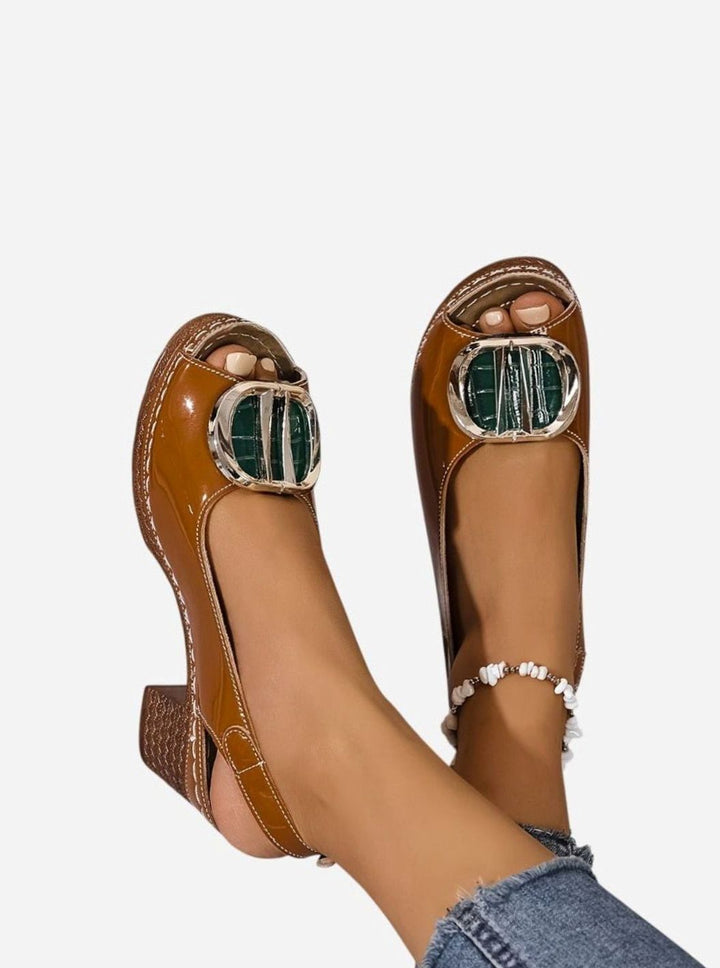 Women's Patent Faux Leather Block Heel Peep Toe Court Shoes