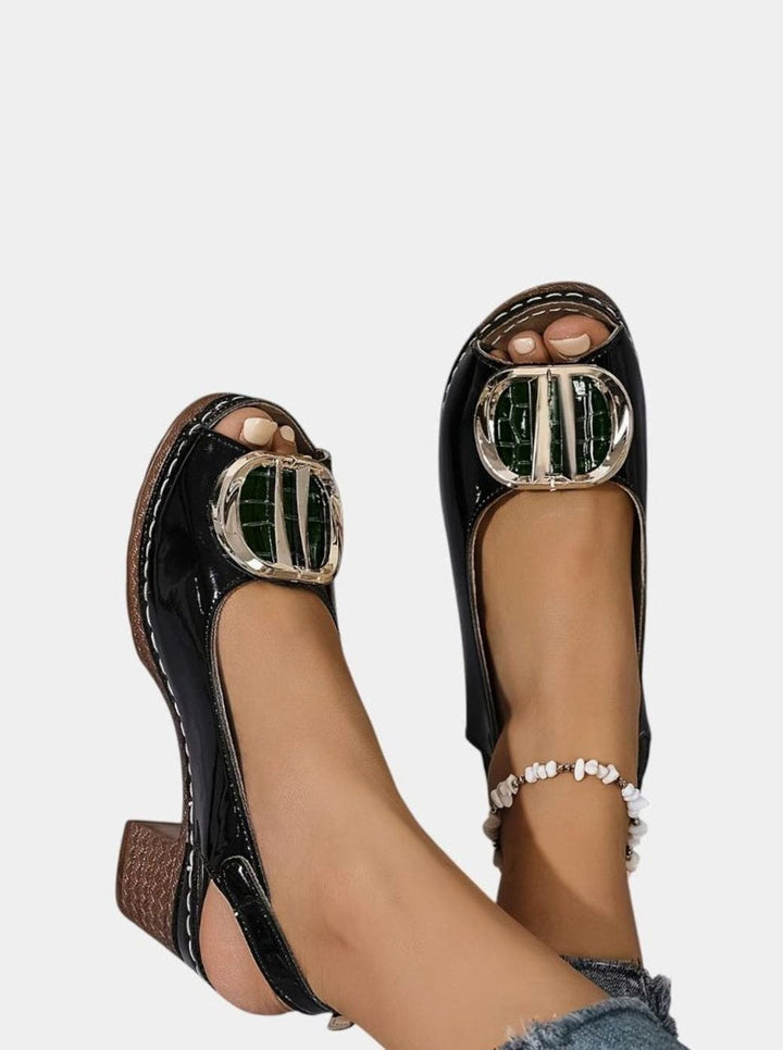 Women's Patent Faux Leather Block Heel Peep Toe Court Shoes