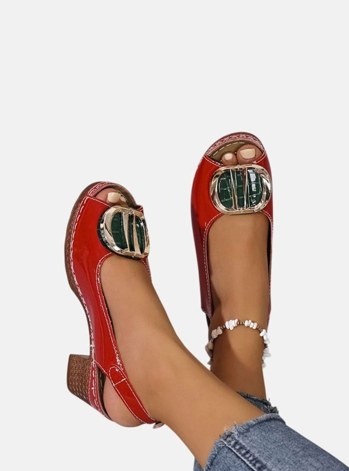 Women's Patent Faux Leather Block Heel Peep Toe Court Shoes