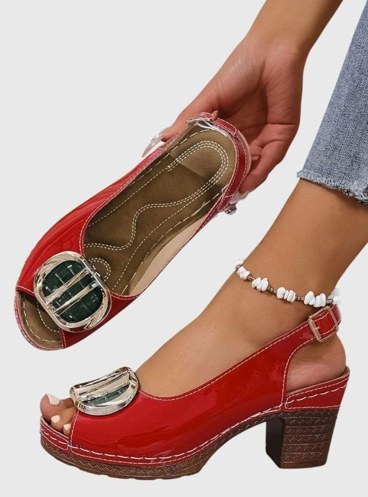 Women's Patent Faux Leather Block Heel Peep Toe Court Shoes