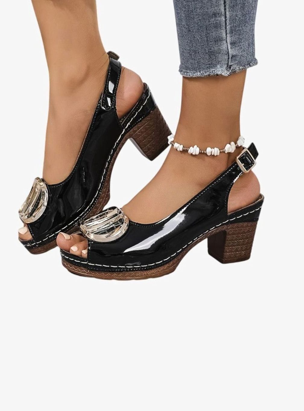 Women's Patent Faux Leather Block Heel Peep Toe Court Shoes