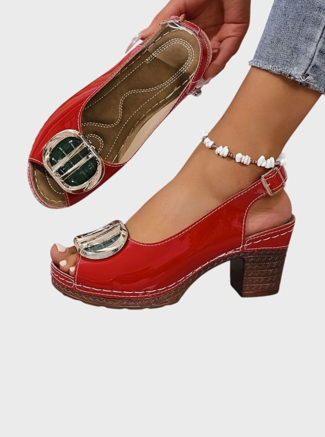 Women's Patent Faux Leather Block Heel Peep Toe Court Shoes