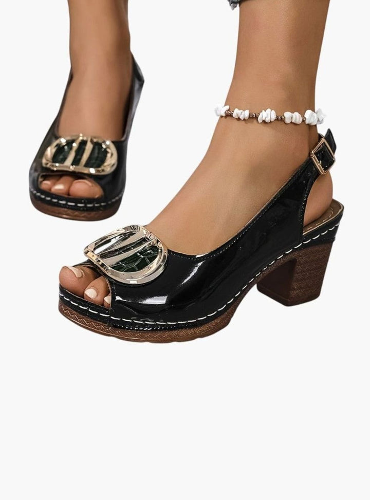 Women's Patent Faux Leather Block Heel Peep Toe Court Shoes