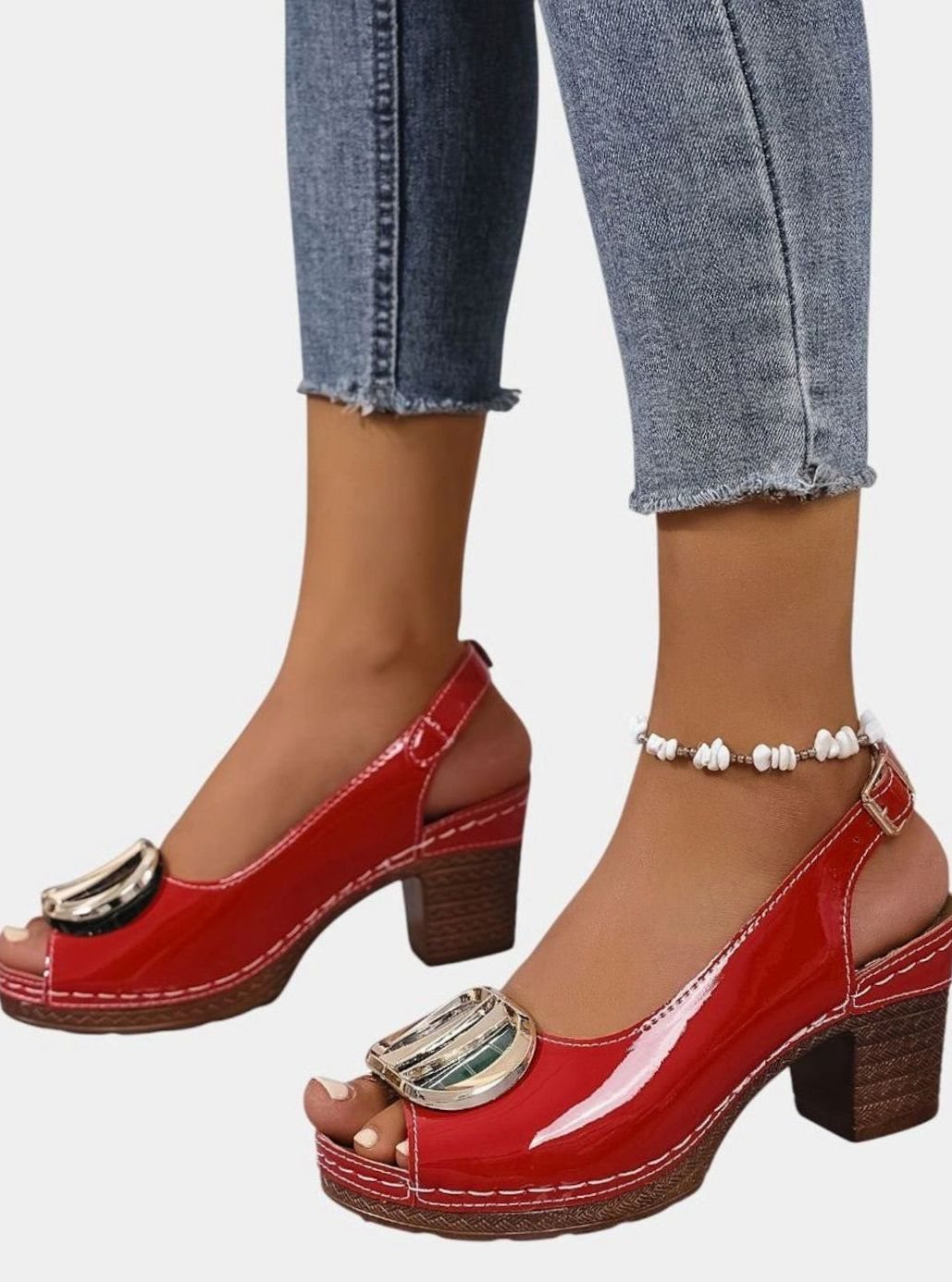 Women's Patent Faux Leather Block Heel Peep Toe Court Shoes