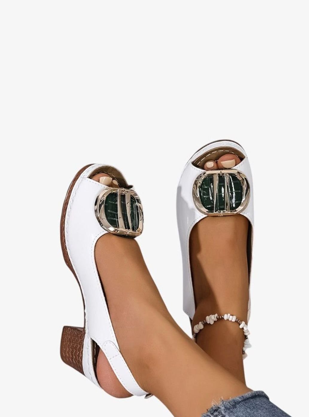Women's Patent Faux Leather Block Heel Peep Toe Court Shoes