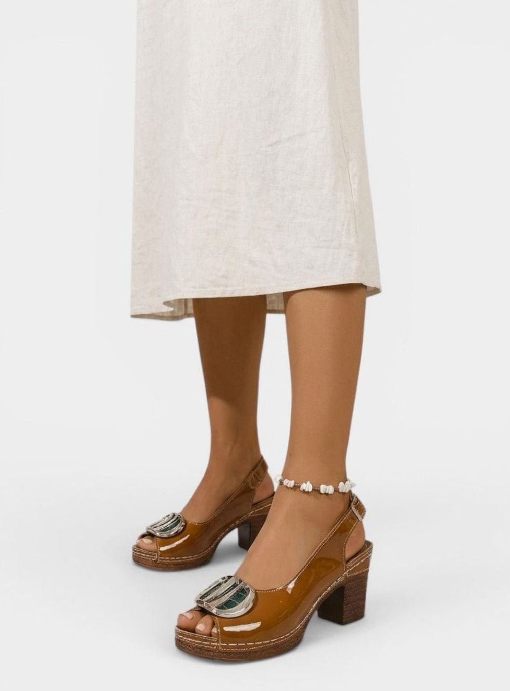 Women's Patent Faux Leather Block Heel Peep Toe Court Shoes