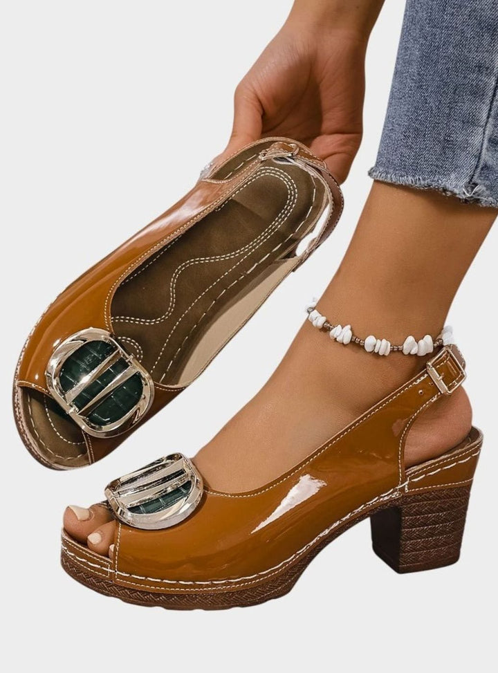 Women's Patent Faux Leather Block Heel Peep Toe Court Shoes