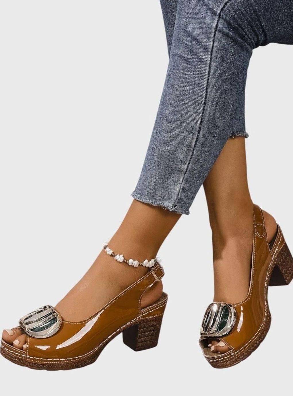 Women's Patent Faux Leather Block Heel Peep Toe Court Shoes