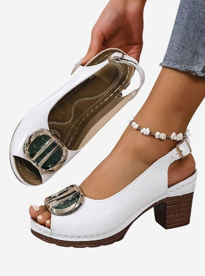Women's Patent Faux Leather Block Heel Peep Toe Court Shoes