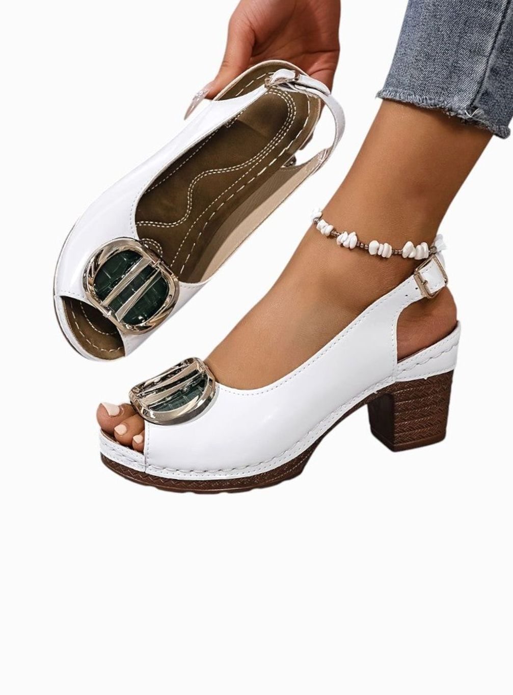 Women's Patent Faux Leather Block Heel Peep Toe Court Shoes