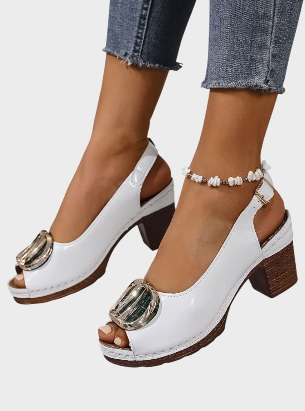 Women's Patent Faux Leather Block Heel Peep Toe Court Shoes