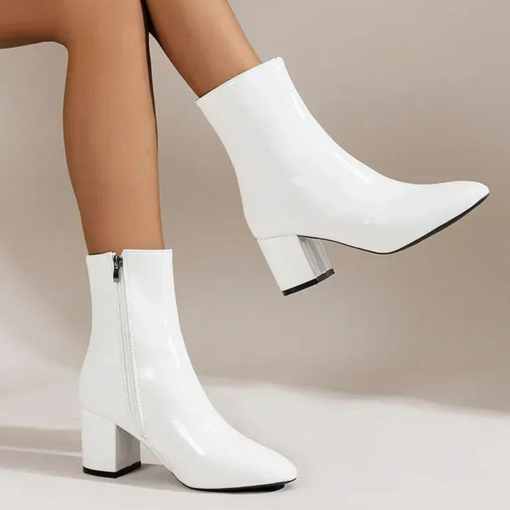 Women's Patent Pointed-Toe Block-Heel Side-Zip Ankle Boots - White