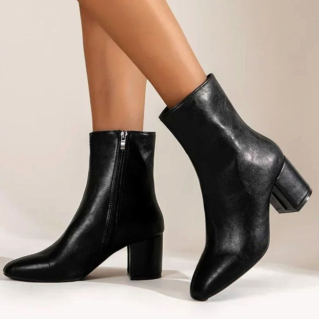 Women's Patent Pointed-Toe Block-Heel Side-Zip Ankle Boots - Black