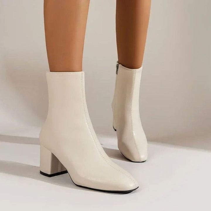 Women's Patent Pointed-Toe Block-Heel Side-Zip Ankle Boots - Beige