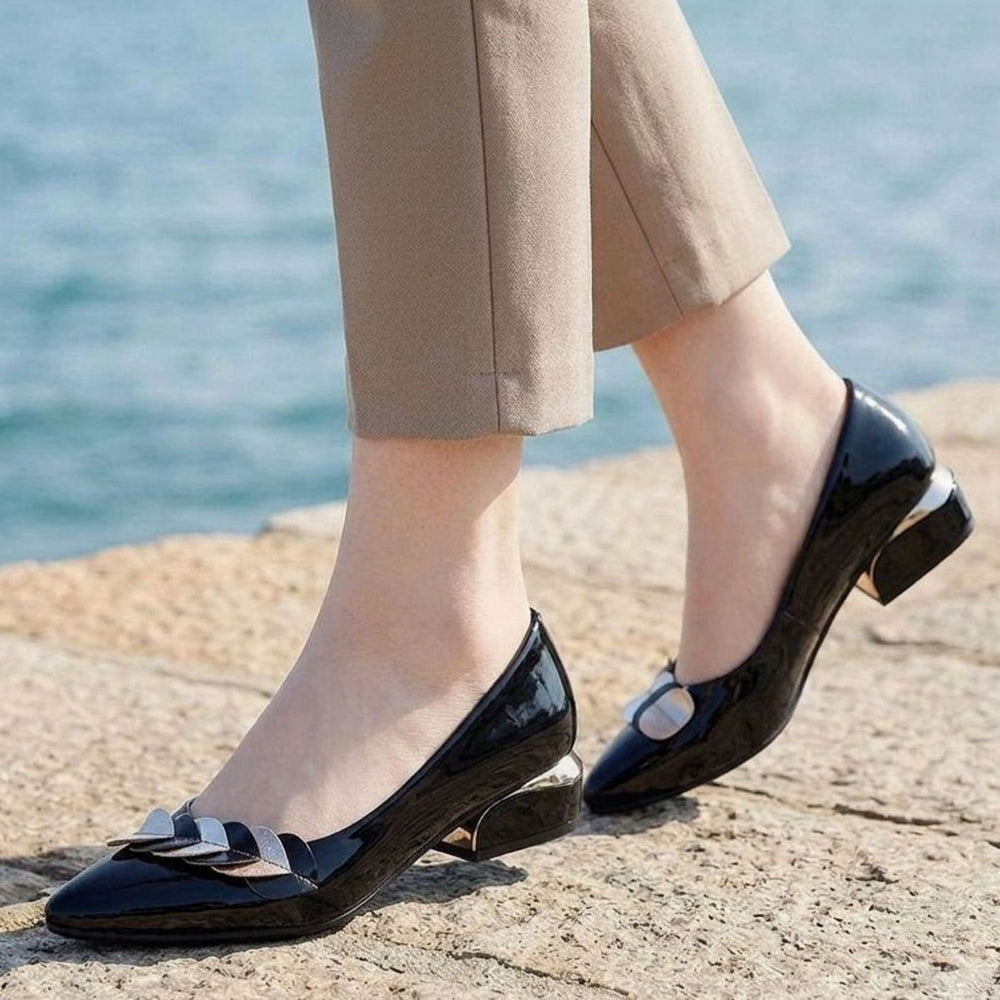Women's Patent Pointed-Toe Block Heel Slip-On Pumps