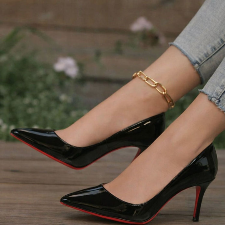Women's Patent Pointed-Toe Stiletto Heeled Court Shoes Red Sole