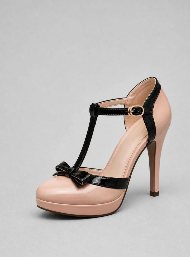 Women's Patent T-Bar Stiletto Platform Court Shoes Bow Detail
