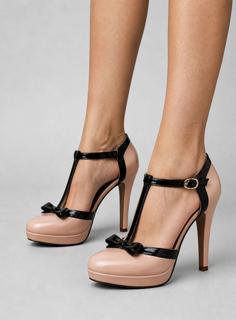 Women's Patent T-Bar Stiletto Platform Court Shoes Bow Detail