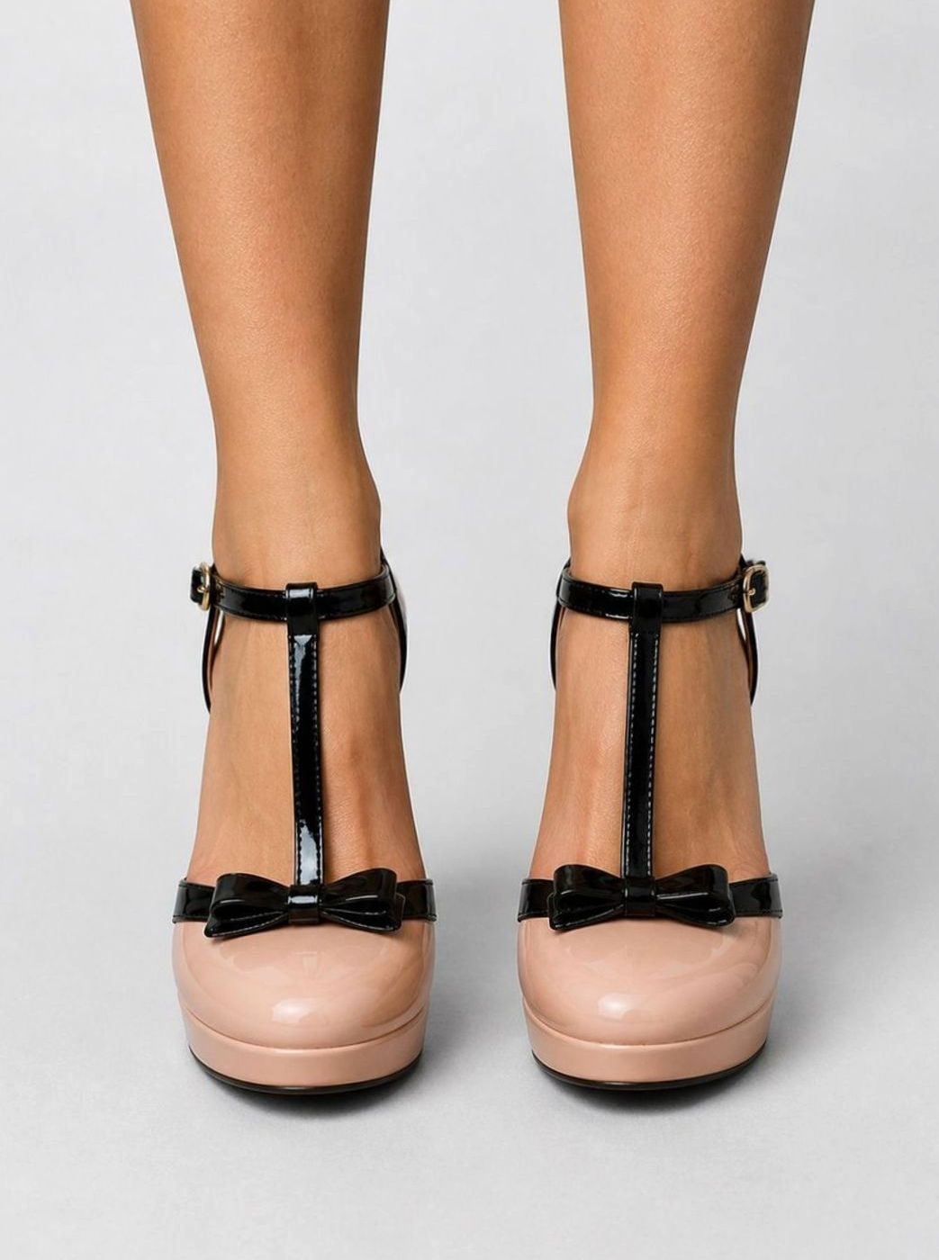 Women's Patent T-Bar Stiletto Platform Court Shoes Bow Detail