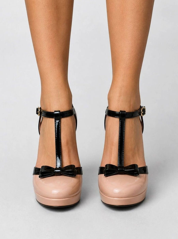 Women's Patent T-Bar Stiletto Platform Court Shoes Bow Detail