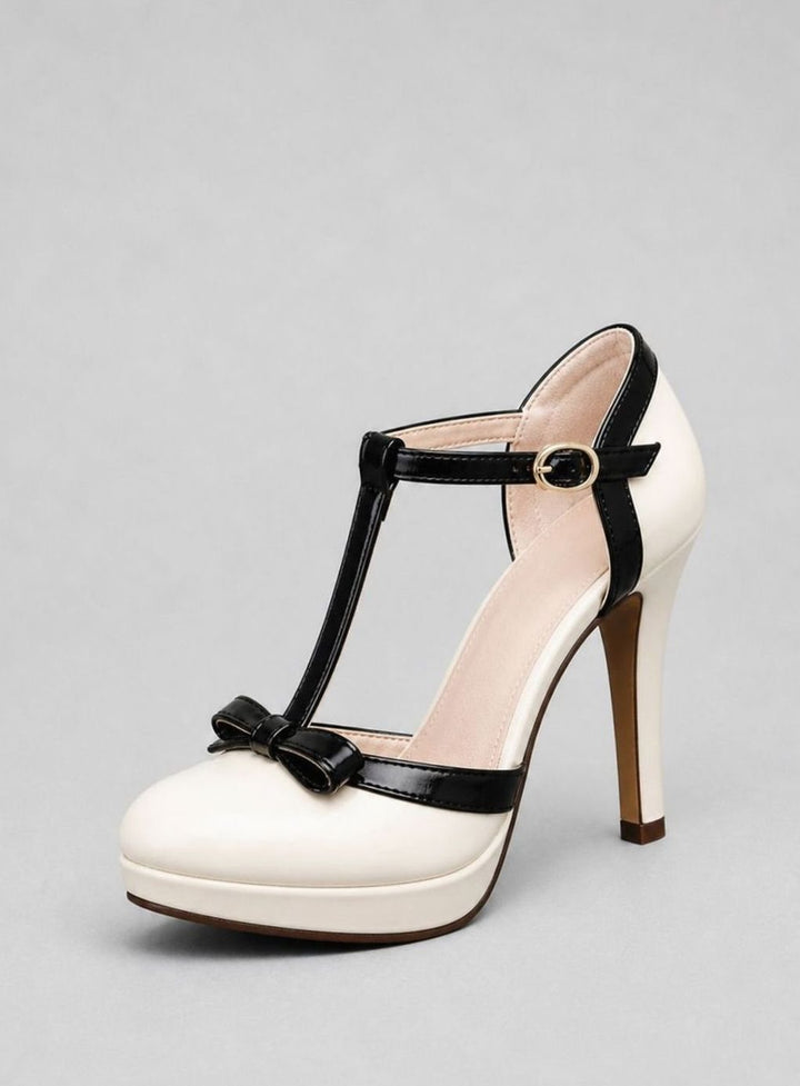 Women's Patent T-Bar Stiletto Platform Court Shoes Bow Detail