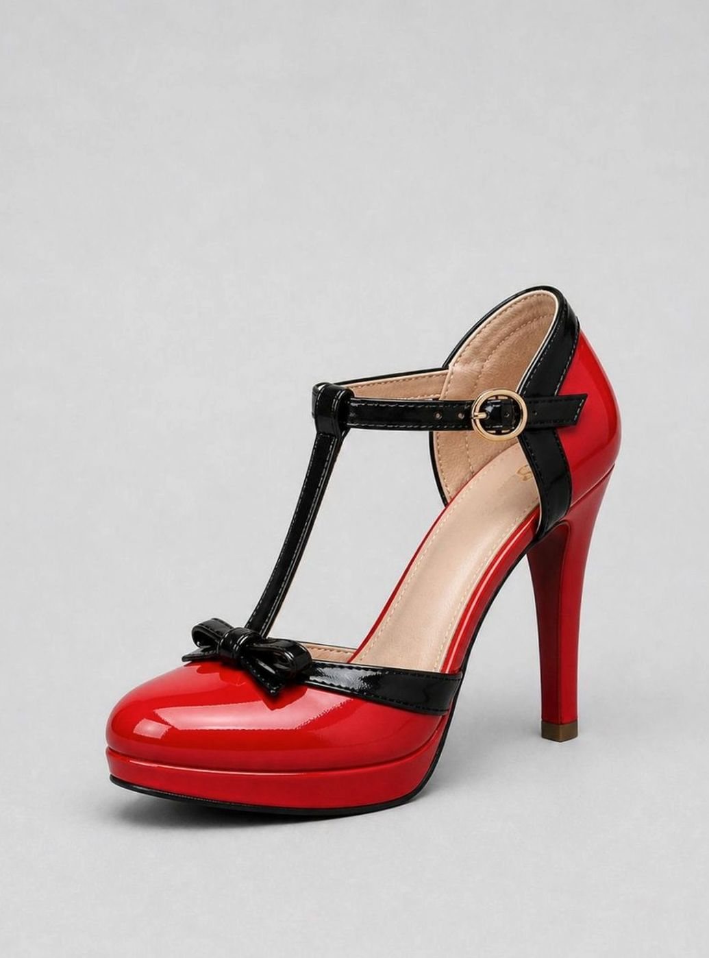 Women's Patent T-Bar Stiletto Platform Court Shoes Bow Detail