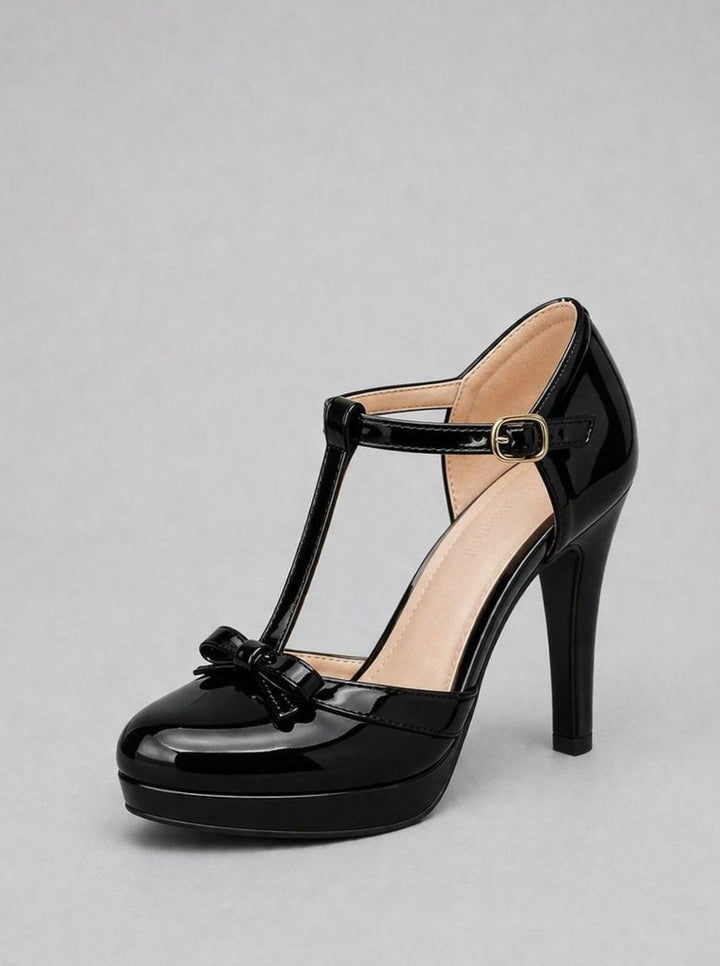 Women's Patent T-Bar Stiletto Platform Court Shoes Bow Detail