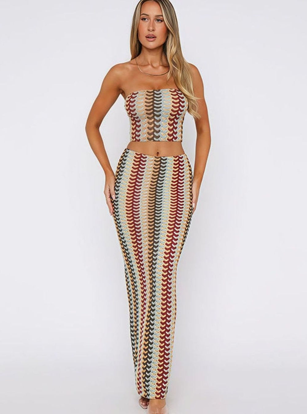 Women's Patterned Knit Strapless Crop Top Maxi Skirt Co-ord Set - Red