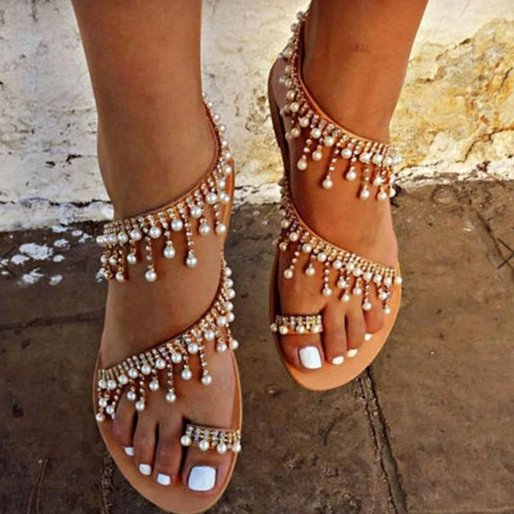 Women's Pearl Embellished Flat Toe-Ring Sandals